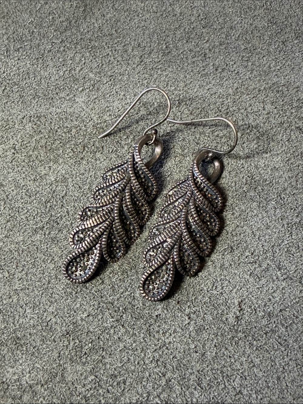 Vintage Sterling and  Marcasite Leaf or Feather Dangle Earrings